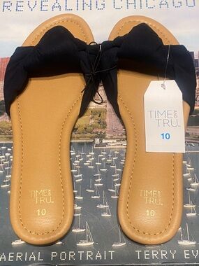 Time and Tru Black Knot Slide Sandals with Tan Footbed